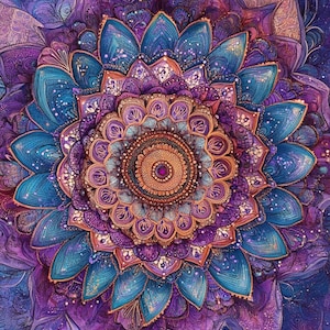 May include: Intricate mandala design with a central flower motif in shades of purple, blue, and gold. The mandala features a circular pattern with intricate details and a sparkling effect.