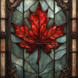 May include: A stained glass window featuring a red maple leaf in the centre. The window is framed in dark wood with ornate details.