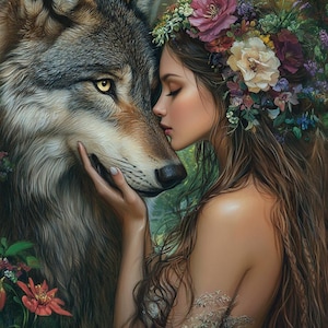 Op de afbeelding: Een vrouw met lang bruin haar die een bloemenkrans draagt, raakt zachtjes de neus van een grijze wolf aan. De wolf heeft een geel oog en kijkt naar de vrouw. De achtergrond is een wazige bos scène.
