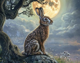 Mountain Moon Gazing Hare cross stitch pattern. Instant PDF download. 60k Stitches.