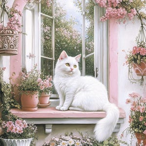 Cross Stitch Pattern Cat Kitten Kitty Vintage Victorian pink window. Instant PDF Download. 67,800 Stitches.