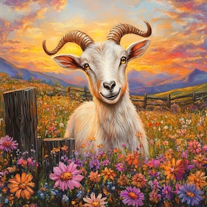 Happy Floral Goat cross stitch pattern. Instant PDF Download. 62,500 Stitches.