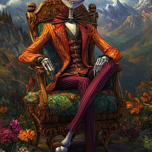 Op de afbeelding: Een skeletfiguur met een gouden kroon en een rood-oranje gepatroneerd pak zit op een troon met een stoel met een bloemenpatroon. De figuur zit in een bergachtig landschap met groene bomen en bloemen.