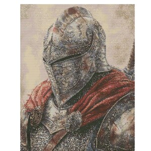 May include: Cross stitch pattern of a medieval warrior wearing a helmet and armor, with a red cape. The design is 226 x 300 stitches.