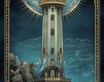 May include: A detailed illustration of a tall, ornate lighthouse with a golden frame, standing on a rocky shore with crashing waves. The lighthouse has a white tower with a golden roof and a large, round window at the base. The moon is visible in the sky above the lighthouse.