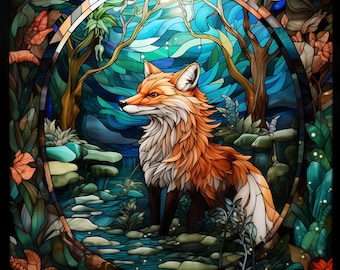 ステンドグラス フォックス クロスステッチ パターン。デジタル PDF