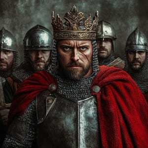 May include: A king in a gold crown and red cape stands with his knights, all wearing chainmail armor and helmets. They hold swords and shields, ready for battle.
