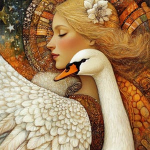 Peut inclure: Illustration artistique d'une femme aux cheveux blonds et à une fleur blanche, embrassant un cygne blanc. L'œuvre présente un fond céleste avec des étoiles et un halo décoratif. La palette de couleurs comprend des tons chauds d'or, de brun et de blanc.