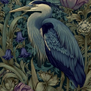 May include: An intricate illustration of a blue heron set against a backdrop of stylized flowers and foliage. The heron is depicted in shades of blue and grey, with a long beak and feathery details. The artwork uses a dark teal and green colour scheme.