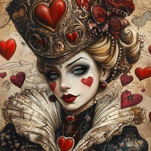 Könnte beinhalten: Ein Porträt einer Frau mit einer Krone aus Herzen und einer roten Rose auf dem Kopf. Sie trägt ein schwarz-weißes Kleid mit einem großen weißen Kragen. Der Hintergrund ist eine Vintage-Karte mit Herzen, die um sie herum verstreut sind.