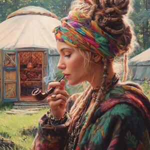 May include: A woman with dreadlocks and a colorful headscarf smokes a pipe. She wears a patterned coat and jewelry, set against a backdrop of yurts and lush greenery. The image evokes a bohemian or free-spirited aesthetic.