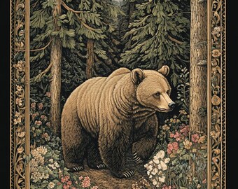 Könnte beinhalten: Ein Braunbär geht einen Waldweg entlang, umgeben von üppigem Grün und bunten Blumen. Die Szene ist von einem dekorativen Rahmen mit filigranen Blumendesigns eingerahmt.