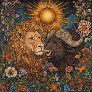 Peut inclure: Une peinture représentant un lion et un buffle se faisant face, avec un soleil en arrière-plan. Les animaux sont entourés d'un champ de fleurs colorées.