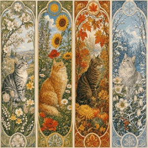 Op de afbeelding: Een set van vier verticale rechthoekige panelen met katten in seizoensgebonden landschappen. De eerste toont een grijze cyperse kat in lentebloemen, de tweede een oranje kat in zonnebloemen, de derde een bruine cyperse kat in herfstbladeren en de vierde een witte kat in wintersneeuw.