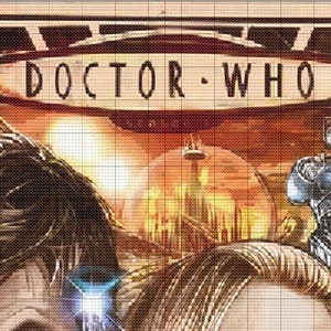 May include: A vintage-style poster for Doctor Who featuring a futuristic cityscape with a large, glowing sun in the background. The poster has a black and gold frame with the words "Doctor Who" in white text.
