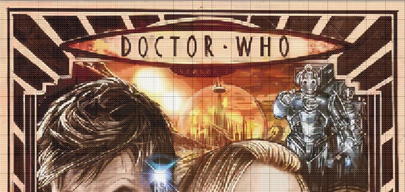 May include: A vintage-style poster for Doctor Who featuring a futuristic cityscape with a large, glowing sun in the background. The poster has a black and gold frame with the words "Doctor Who" in white text.