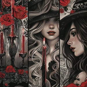 Goth Witch with Red Roses Cross Stitch Pattern. Instant PDF Download. 60k Stitches