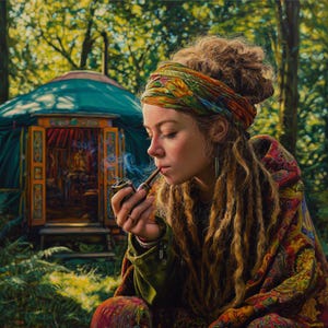 May include: A person with long dreadlocks and a colorful headscarf smokes a pipe. The person is wearing a patterned shawl and a green velvet jacket. A yurt is in the background, with a teal roof and orange door.