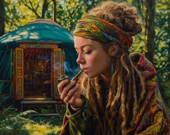 Yourte forestière, pipe, fumée, hippie, modèle de point de croix. Téléchargement instantané du PDF. 62 500 points.