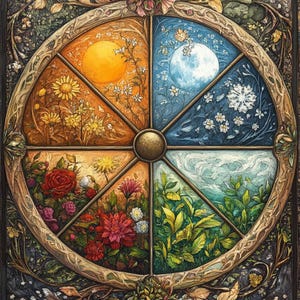 Puede incluir: Una rueda circular con seis secciones, cada una representando una estación diferente. Las secciones están decoradas con flores, hojas y otros elementos naturales. La rueda está rodeada de un fondo oscuro con enredaderas y hojas.