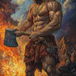 Pode incluir: Uma figura musculosa com cabelo comprido e escuro e barba, vestindo um pano de couro marrom e segurando um machado grande. A figura está em frente a um fundo de fogo com uma montanha ao longe.