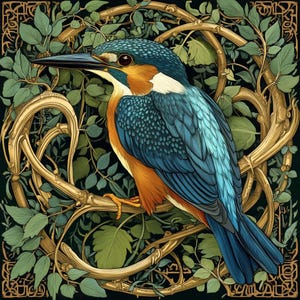 May include: A detailed illustration of a kingfisher perched on a branch, surrounded by intricate gold vines and green leaves. The bird's blue and orange plumage is depicted with realistic detail.