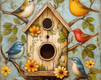 Könnte beinhalten: Ein hölzernes Vogelhaus mit einem braunen Dach und einem hellbraunen Körper. Das Vogelhaus hat zwei runde Öffnungen und ist von grünen Blättern und bunten Blumen umgeben. Fünf Vögel sitzen auf den Ästen des Baumes, darunter ein blauer Vogel, ein roter Vogel und drei gelbe Vögel.