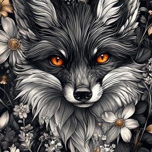 May include: A black and white illustration of a fox's face surrounded by black and white flowers with orange accents.