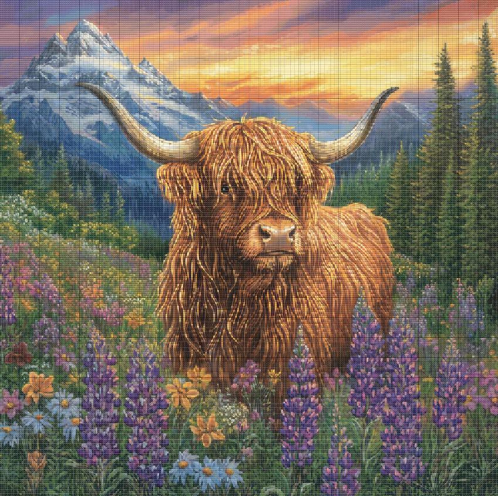 Highland Cow Cattle Scotland Flowers Meadow Cross Stitch Pattern ...