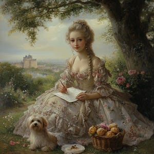 Può includere: Dipinto di una donna in abito color crema con dettagli floreali rosa, che scrive all'aperto. Un cagnolino è seduto accanto a lei, con un cestino di pasticcini e un castello sullo sfondo.