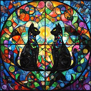 May include: Two black cats facing each other in a stained glass window design. The window is filled with colorful geometric shapes and swirls.