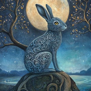 May include: A painting of a hare with detailed floral patterns, sitting on a rock under a full moon. The hare is blue. The background shows a starry night sky, trees, and a body of water.