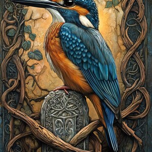 May include: A detailed illustration of a kingfisher bird perched on a stone. The bird has blue and orange feathers, a long black beak, and is surrounded by a decorative frame of intertwined branches and leaves. The background has a warm, golden hue.