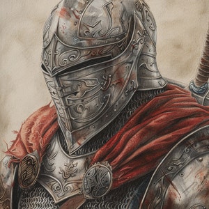 May include: A detailed pencil drawing of a knight in armor. The knight is wearing a helmet with intricate designs and a red cape. The armor is silver and has a chainmail base. The knight is holding a sword in his right hand.