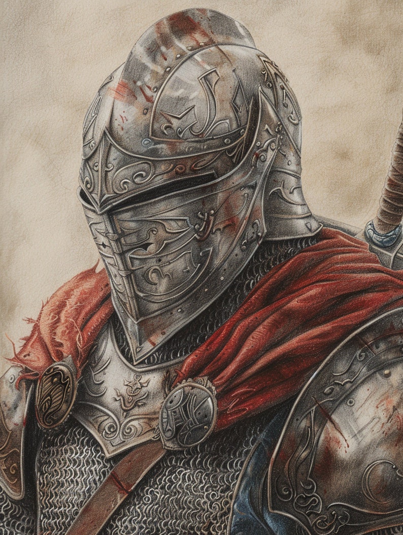 May include: A detailed pencil drawing of a knight in armor. The knight is wearing a helmet with intricate designs and a red cape. The armor is silver and has a chainmail base. The knight is holding a sword in his right hand.