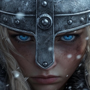Op de afbeelding: Een vrouw met blond haar draagt een zilveren helm met een metalen neusbeschermer. Ze heeft blauwe ogen en een serieuze uitdrukking. De achtergrond is wazig en lijkt een besneeuwd bos te zijn.