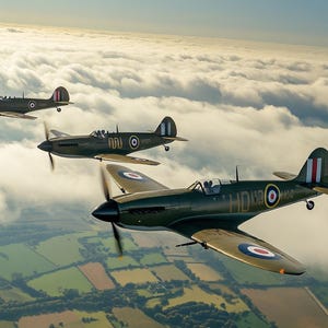 May include: Three vintage green and brown fighter planes fly in formation over a field of clouds. The planes have roundels and other markings on their wings and fuselages.