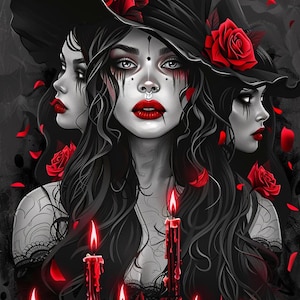 Goth Witch with Red Roses Cross Stitch Pattern. Instant PDF Download. 60k Stitches