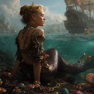 Puede incluir: Una sirena con una corona dorada y una cola brillante se sienta en una costa rocosa. Está adornada con joyas de oro y un collar de conchas. El océano está detrás de ella, y un barco es visible en la distancia.