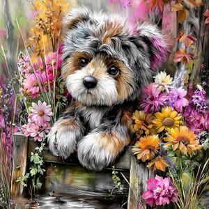 May include: A charming, colorful illustration of a small dog with brown, white, and gray fur, resting on a wooden fence. The dog is surrounded by vibrant pink, yellow, and purple flowers, creating a whimsical and cheerful scene.