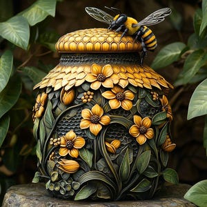 May include: A ceramic urn with a bee perched on top. The urn is decorated with intricate carvings of flowers, leaves, and honeycomb.