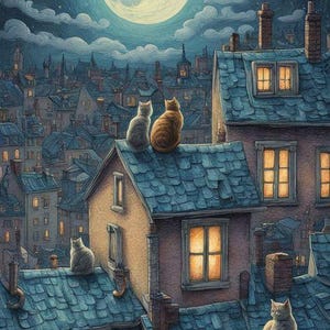 May include: A painting of a night sky with a full moon and clouds.  Five cats are sitting on the rooftops of a city, looking up at the moon.  The city is made up of many buildings with windows lit up.