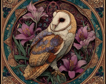 Patrón de punto de cruz floral de lechuza común estilo Art Nouveau. Descarga instantánea en PDF. 62.500 puntos.