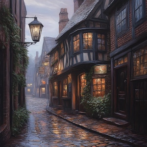 May include: A painting depicting a historic European street scene. Buildings with dark wood and brick facades line the cobblestone street, lit by warm interior lights and street lamps. The wet cobblestones reflect the light, creating a moody atmosphere.