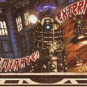 May include: A framed illustration of a blue police box with the text "Police Box" and "Exterminate!"  The illustration also features a silver robot with a blue eye and the text "Exterminate!" in red letters.