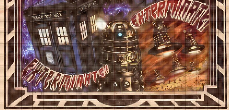 May include: A framed illustration of a blue police box with the text "Police Box" and "Exterminate!"  The illustration also features a silver robot with a blue eye and the text "Exterminate!" in red letters.