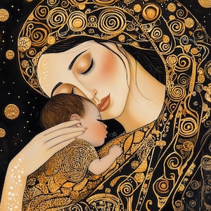 May include: A painting of a mother and child. The mother is holding the child close to her, and both have their eyes closed. The painting is done in a style reminiscent of Gustav Klimt, with gold swirls and patterns on a black background.