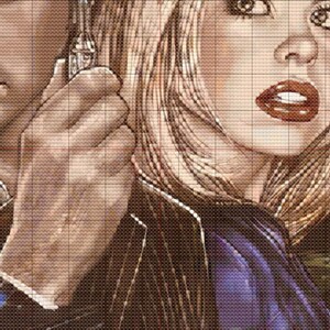 May include: A black and white illustration of a man and woman in a futuristic setting. The man is wearing a dark suit and the woman is wearing a blue dress. The background is a city with tall buildings and a flying vehicle.