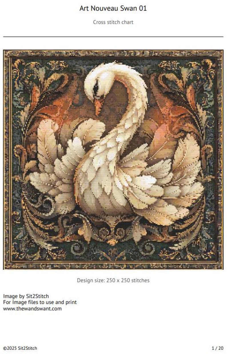 Art Nouveau Swan Square Cross Stitch Pattern. Instant PDF Download ...