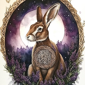 May include: Watercolor painting of a brown hare with long ears, a Celtic knot design on its chest, and surrounded by purple flowers. The background features a full moon, a starry night sky, and a decorative frame.